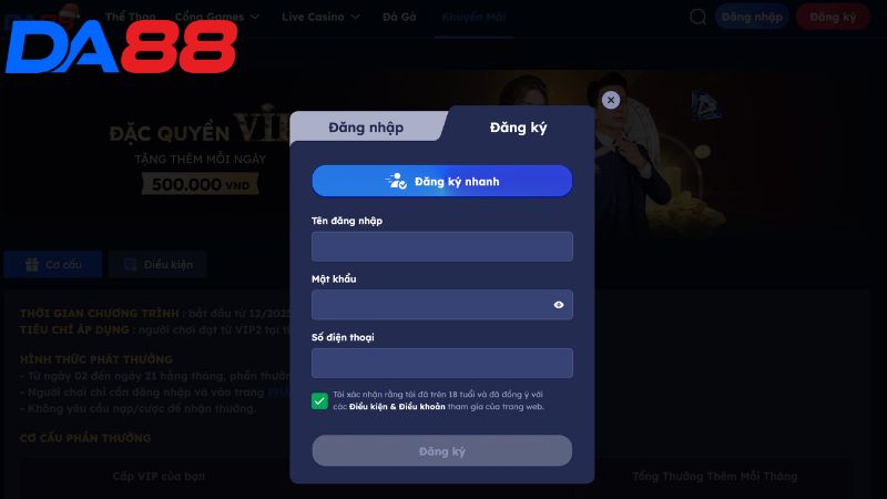 Các bước đăng ký đăng nhập Da88 nhanh chóng